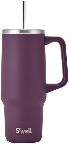 S'well Recycled Stainless Steel Tumbler XL with Straw and Handle, 30oz, Plum, Triple Layered Vacuum Insulated Container Keeps Drinks Cold 36 hours and Hot for 9, BPA Free