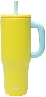 Zak Designs Sutton Travel Tumbler for On the Go, 40oz Stainless Steel with Vacuum Insulation, Silicone Straw, and Carry Handle for Cold Drinks (Sunflower Yellow)