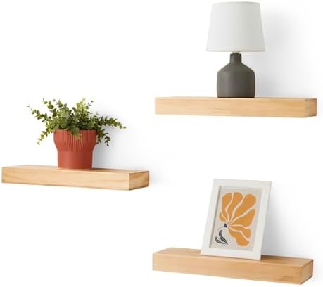 Amazon Basics Wood Floating Wall Shelves, 3-Pack, Pine, 15.8" x 5" x 1.8", Natural Wood Finish