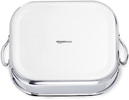 Amazon Basics Stainless Steel Rectangular Roasting Pan with Rack, Turkey Roaster, Dishwasher Safe, Easy to Clean, Oven Safe, 16 in