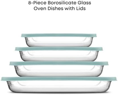 JoyJolt 8-Piece Borosilicate Glass Oven Dishes with Powder Blue Lids, Rectangle Deep Glass Baking Dish Set, Baking Pans for Lasagna Casserole Cake, Bakeware Set, Freezer to Oven Tray to Dishwasher