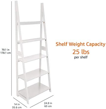 Amazon Basics 5-Tier Ladder Bookshelf Storage Organizer for Small Space, Easy to Assemble, Solid Rubberwood Frame, White Finish, 14D x 24.8W x 70.1H in