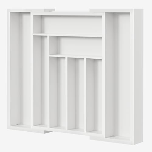 Pipishell Bamboo Expandable Drawer Organizer for Utensils Holder, Adjustable Cutlery Tray, Wood Drawer Dividers Organizer for Silverware, Flatware, Knives in Kitchen, Bedroom, Living Room (White)