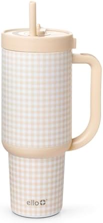 Ello Oasis 40oz Insulated Stainless Steel Tumbler with Straw, Beige Gingham