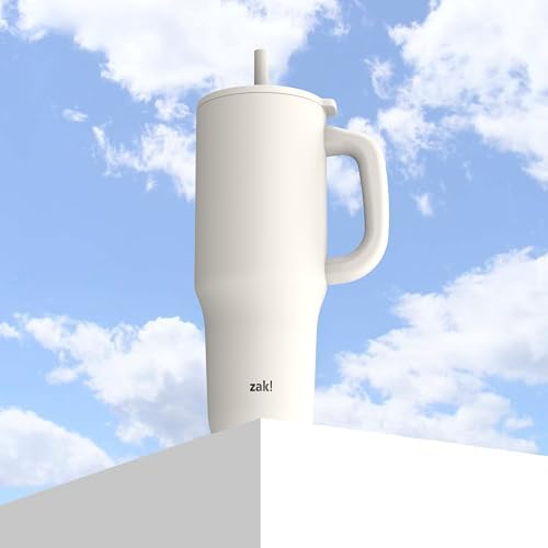 Zak Designs Sutton Travel Tumbler for On the Go, 40oz Stainless Steel with Vacuum Insulation, Silicone Straw, and Carry Handle for Cold Drinks (Cream White)