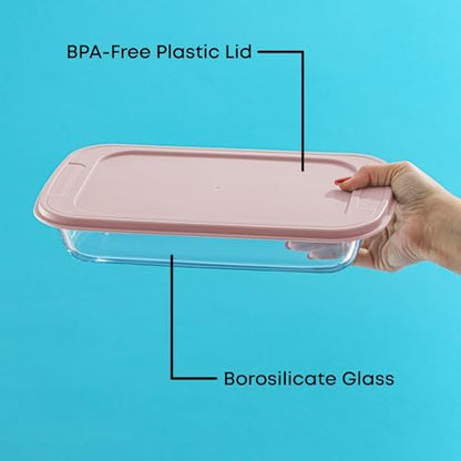 JoyJolt 8-Piece Borosilicate Glass Oven Dishes with Blushy Pink Lids, Rectangle Deep Glass Baking Dish Set, Baking Pans for Lasagna Casserole Cake, Bakeware Set, Freezer to Oven Tray to Dishwasher