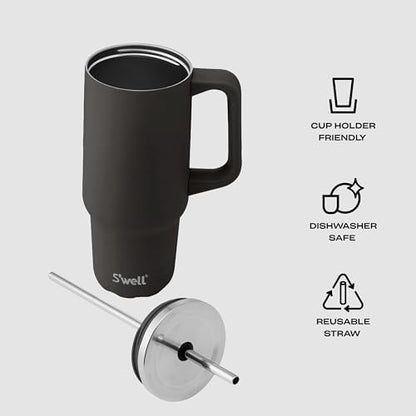 S'well Recycled Stainless Steel Tumbler XL with Straw and Handle, 30oz, Onyx, Triple Layered Vacuum Insulated Container Keeps Drinks Cold 36 hours and Hot for 9, BPA Free