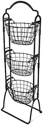 Gourmet Basics by Mikasa 5184916 Harbor Adjustable 3-Tier Metal Floor Standing Fruit/Home Storage Basket, Antique/Distressed Black and Copper