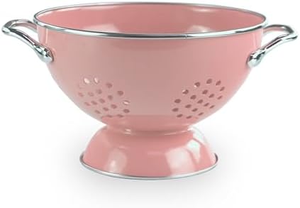Reston Lloyd, 1.5 Quart Powder Coated Steel Kitchen Strainer Basket for draining Pasta, Vegetable and Fruit, Chrome Handles and Wide Stable Base, Pink