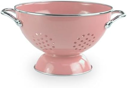 Reston Lloyd, 1.5 Quart Powder Coated Steel Kitchen Strainer Basket for draining Pasta, Vegetable and Fruit, Chrome Handles and Wide Stable Base, Pink
