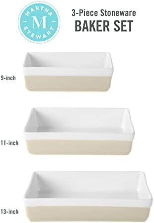 MARTHA STEWART 3-Piece Oven to Table Stoneware Bakeware Set – Baking Dish & Casserole Set – Grey – Durable Oven-Safe Bakeware for Baking and Serving