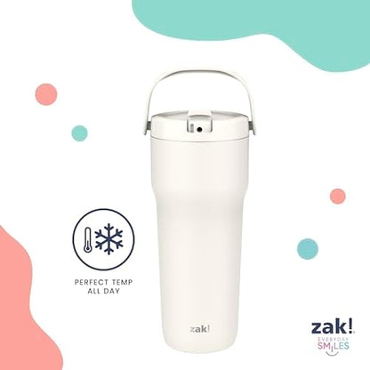 Zak Designs Sutton Travel Tumbler for On the Go, 30oz Stainless Steel with Vacuum Insulation, Straw Spout, Carry Handle for Cold Drinks (Cream White)