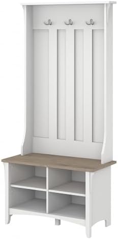 Bush Home Salinas Hall Tree with Shoe Storage Bench in Shiplap Gray and Pure White, Multi-Purpose Home Organizer, Entryway Solution with Seating and Hooks