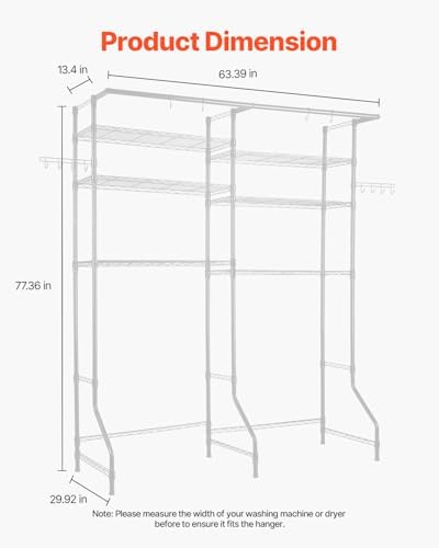 VEVOR Over the Washer and Dryer Storage Shelf, 6 Tier Laundry Room Drying Rack with Hanger Rod and Hooks, Adjustable Over Washer and Dryer Shelves, Laundry Room Shelf Storage Space Saver, White