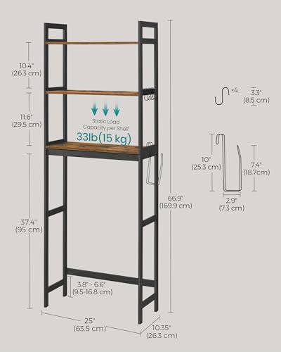 SONGMICS 3-Tier Bamboo Over The Toilet Storage, Adjustable Shelf, 66.9''H