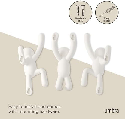 Umbra Buddy Wall Hooks, Decorative Wall Mount Coat Hooks, Set of 3, White