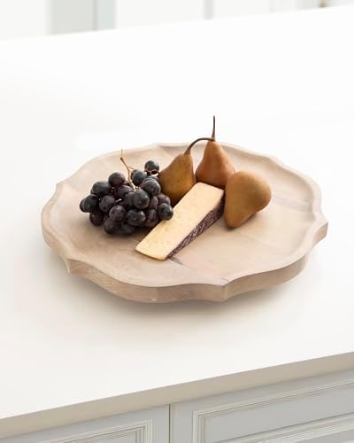 Kate and Laurel Lorah Farmhouse Wood Round Lazy Susan Tray, 16 Inch Diameter, Natural, Scalloped Wooden Countertop Organizer with Turning Lazy Susan for Kitchen Storage or Living Room Ottoman Tray