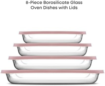 JoyJolt 8-Piece Borosilicate Glass Oven Dishes with Blushy Pink Lids, Rectangle Deep Glass Baking Dish Set, Baking Pans for Lasagna Casserole Cake, Bakeware Set, Freezer to Oven Tray to Dishwasher
