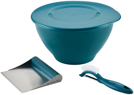 Rachael Ray Tools and Gadgets Kitchen Prep, Garbage Bowl with Lid, Bench Scrape, Veggie Peeler, 4 Piece Food Prep Set - Marine Blue