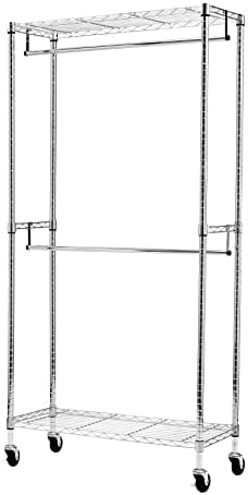 Amazon Basics Adjustable Clothes Rack for Handing, Double Hanging Rod Garment Rolling Closet Clothing Organizer, Chrome, 36'' x 14'' x 72''