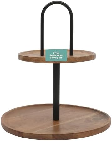 Gibson Home Gracious Dining 2-Tier Round Acacia Wood Serving Tray – Rustic Charcuterie Board Stand with Black Iron Handle – Tiered Party Platter, Dessert Display or Lazy Susan for Entertaining