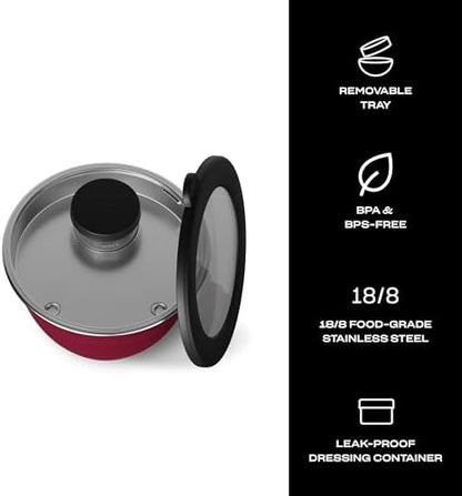 S'well Stainless Steel Salad Bowl Kit 64oz, Wild Cherry, Comes with 2oz Mini Canister and Removable Tray for Organization, Leakproof, Easy to Clean, Dishwasher Safe