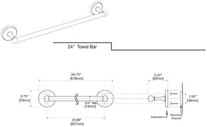Gatco 5070 Designer II Towel Bar, Wall-Mounted Bathroom Towel Holder, 24" Length Chrome Finish