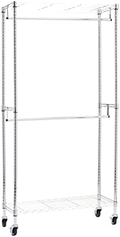 Amazon Basics Adjustable Clothes Rack for Handing, Double Hanging Rod Garment Rolling Closet Clothing Organizer, Chrome, 36'' x 14'' x 72''