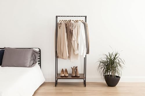 IRIS USA Clothes Rack with Wood Shelf, Garment Storage, Black