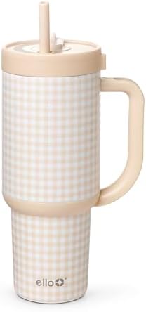 Ello Oasis 30oz Insulated Stainless Steel Tumbler with Straw, Beige Gingham