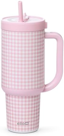 Ello Oasis Insulated Stainless Steel Tumbler with Straw, Pink Gingham, 30 Ounces (Pack of 8)