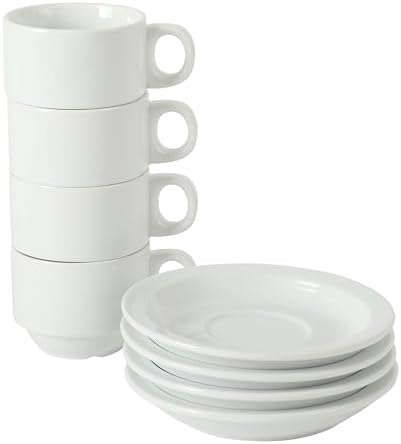 Gibson Home Gracious Dining 3-Ounce Espresso Cups Set of 4, Small Stackable Coffee Cups with 4 Saucers, Metal Stand, Ceramic Demitasse Mugs, Espresso Accessories for Machine