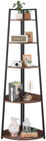 VEVOR 5 Tier Corner Shelf, Tall Corner Bookshelf Plant Rack, Wall Shelves Tower Storage Organizer with Metal Frame & Wooden Shelves, Narrow Display Book Shelf Rack for Bedroom, Living Room, Office