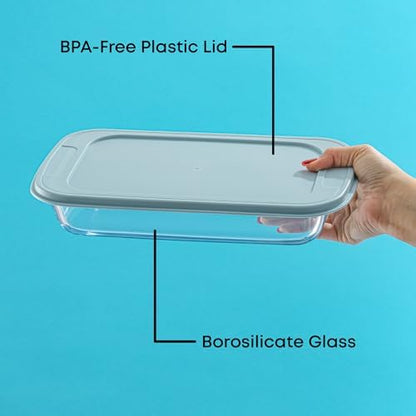 JoyJolt 8-Piece Borosilicate Glass Oven Dishes with Powder Blue Lids, Rectangle Deep Glass Baking Dish Set, Baking Pans for Lasagna Casserole Cake, Bakeware Set, Freezer to Oven Tray to Dishwasher
