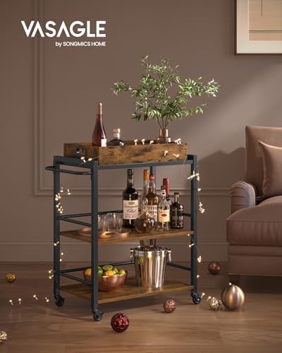 VASAGLE Bar Cart with Wheels, Drink Cart with Wine Rack and Glass Holder