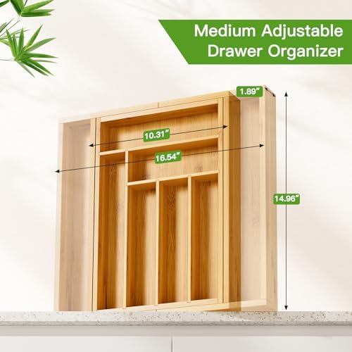 Pipishell Bamboo Expandable Drawer Organizer for Utensils Holder, Adjustable Cutlery Tray, Wood Drawer Dividers Organizer for Silverware, Flatware, Knives in Kitchen, Bedroom, Living Room(M-N)