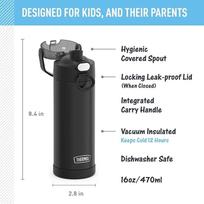 THERMOS FUNTAINER 16 Ounce Stainless Steel Vacuum Insulated Bottle with Wide Spout Lid,Black Matte,(Pack of 6)