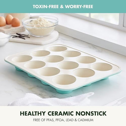 GreenPan Bakewell 12-Cup Muffin Pan, Healthy Ceramic Nonstick Bakeware, PFAS-Free Cupcake Mold, Durable Baking Tray, Versatile Kitchen Essentials, Easy Clean Ovenware, Turquoise