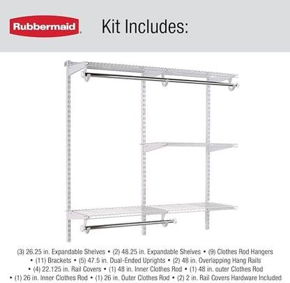 Rubbermaid Configurations Custom Closet Kit 4-8 Ft. Adjustable Metal Wire Shelving White Finish Expandable Organization System Hardware Included for Home Closet/Pantry/Laundry/Mudroom