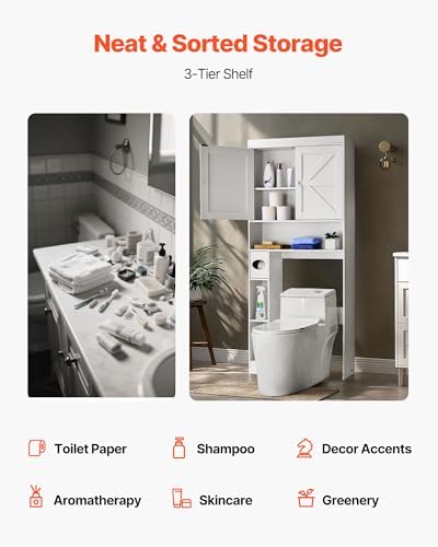VEVOR Over The Toilet Storage Cabinet, 67.44‘’ Height Bathroom Storage Cabinet Over Toilet with Barn Door and Adjustable Shelf, Bathroom Space-Saving Toilet Rack White Wood with Open Shelf