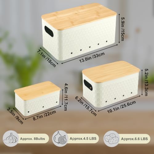 Kitchen Vegetable Storage Set of 3, Metal Onion Garlic Potato Storage Set, Kitchen Canisters Vegetable Keeper Containers with Aerating Holes and Bamboo Lid,Embossed Beige