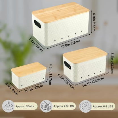 Kitchen Vegetable Storage Set of 3, Metal Onion Garlic Potato Storage Set, Kitchen Canisters Vegetable Keeper Containers with Aerating Holes and Bamboo Lid,Embossed Beige
