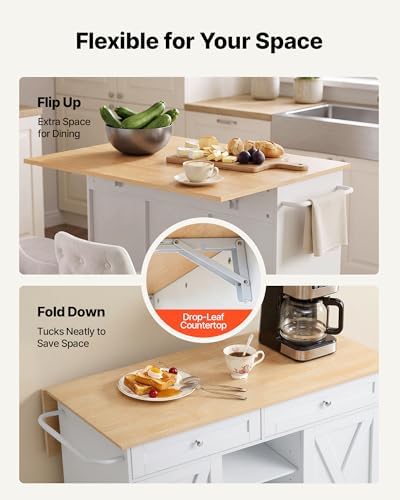 VEVOR Kitchen Island Cart with Storage, 45.67 in Wide Mobile Rolling Storage Island on Swivel Wheels, with 2 Drawers, Storage Cabinet, Drop Leaf, Towel Rack, Table for Home Dining Room, White