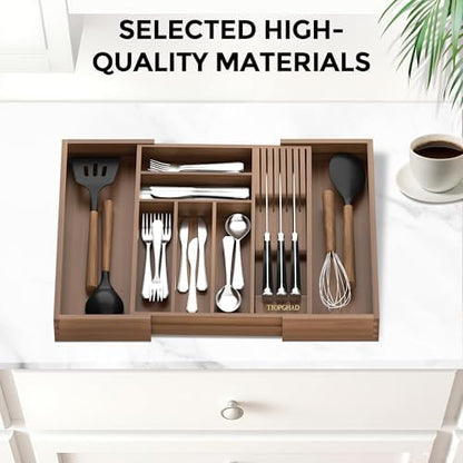 TIOPGHAD Expandable Bamboo Silverware Organizer with Knife Block, Brown