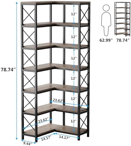 Tribesigns 7-Shelf Corner Bookshelf,Large Modern Corner Bookcase, 7-Tier Tall Corner Shelf Storage Display Rack with Metal Frame for Living Room Home Office (Grey)