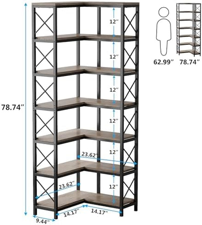 Tribesigns 7-Shelf Corner Bookshelf,Large Modern Corner Bookcase, 7-Tier Tall Corner Shelf Storage Display Rack with Metal Frame for Living Room Home Office (Grey)