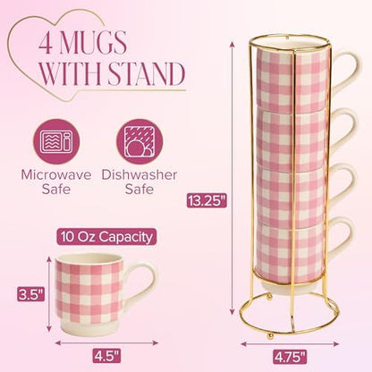 Paris Hilton Stackable Coffee Mug Set with Gold-Tone Rack, Gingham Ceramic Stoneware Cups for Coffee, Tea & Latte, Microwave & Dishwasher Safe, 4-Piece, 10-Ounce, Pink