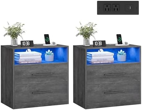 VASAGLE 23.6‑Inch Wide Nightstands, Set of 2, LED Lights, 2 Drawers