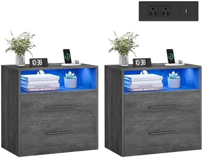 VASAGLE 23.6‑Inch Wide Nightstands, Set of 2, LED Lights, 2 Drawers