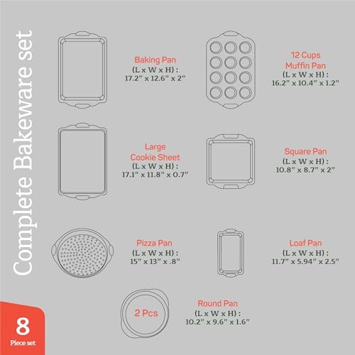 Emporio Kitchen Baking Pan Set - Nonstick Coating, Carbon Steel Bakeware Set with White Silicone Handle, PFOA, PFOS, PTFE Free, Recipe Booklet Included, Oven Safe Tray (Up To 450° F), Set of 8 - White